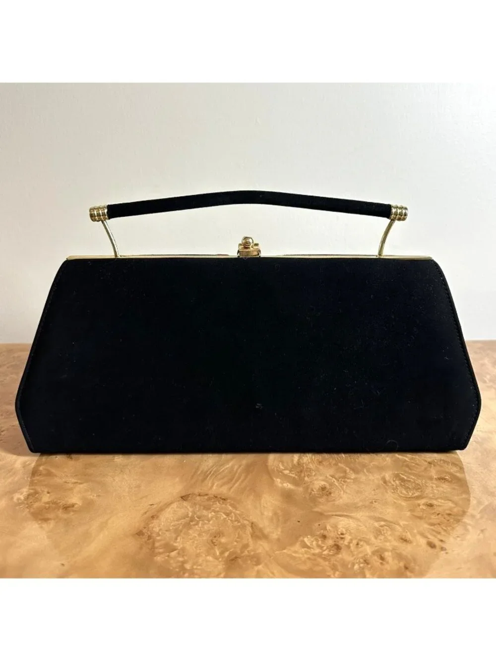 Vintage Town & Country Black Suede Clutch Python Snakeskin Trim Gold Frame MCM